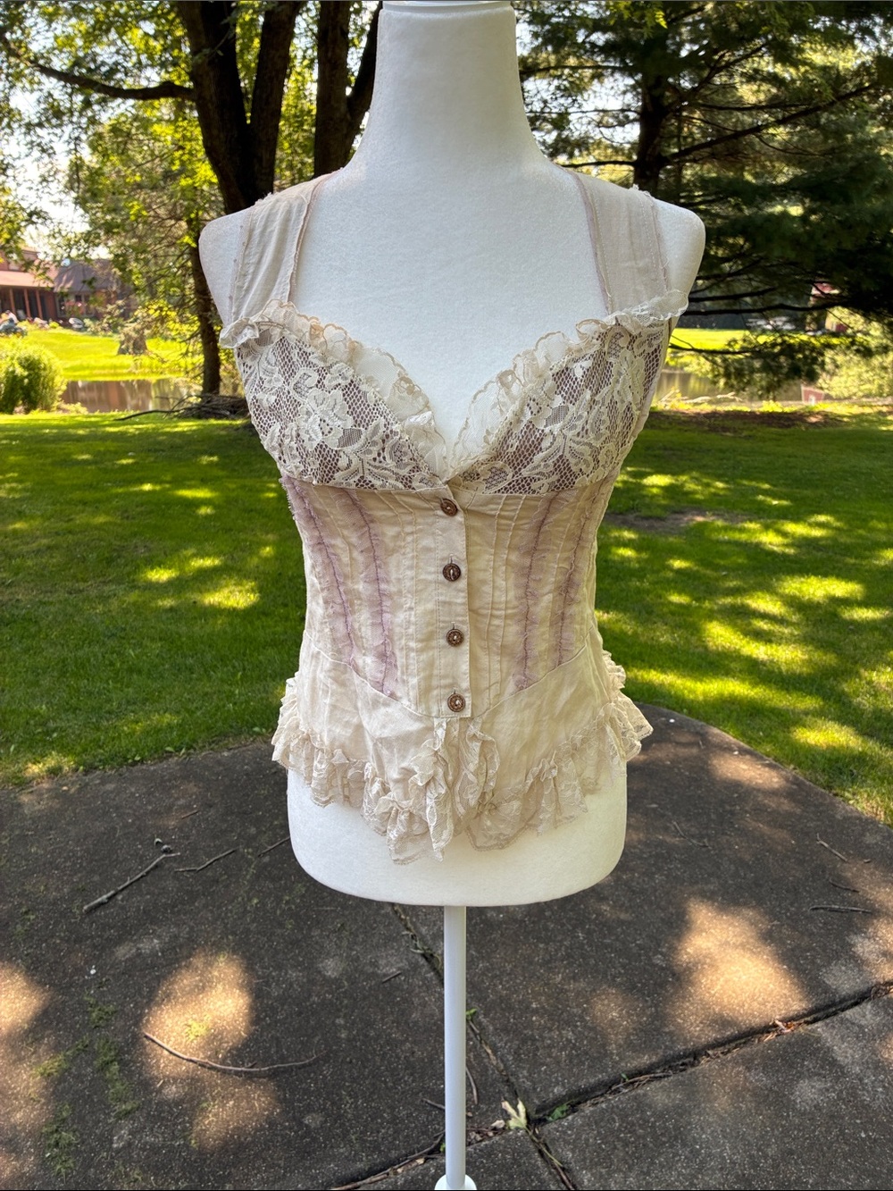 Victorian-Inspired Lace Button Up Ruffle Top in Cream with Pale Mauve Accents